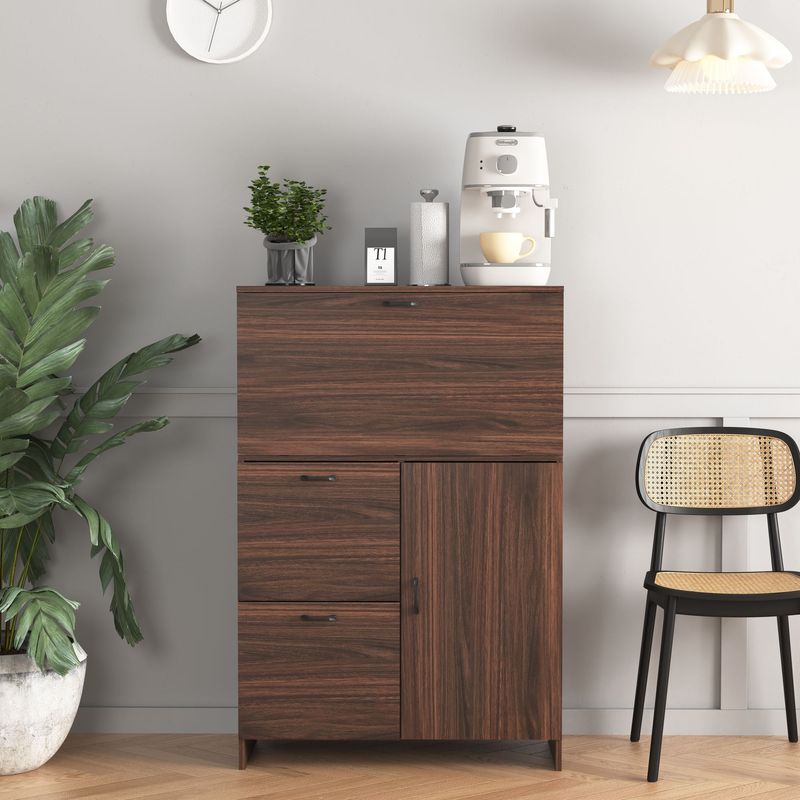 Bar Cabinet With Storage Drawer & Shelves, Fold-up Desktop, Ideal For Home,Dormitory, Small Spaces_voghion.com
