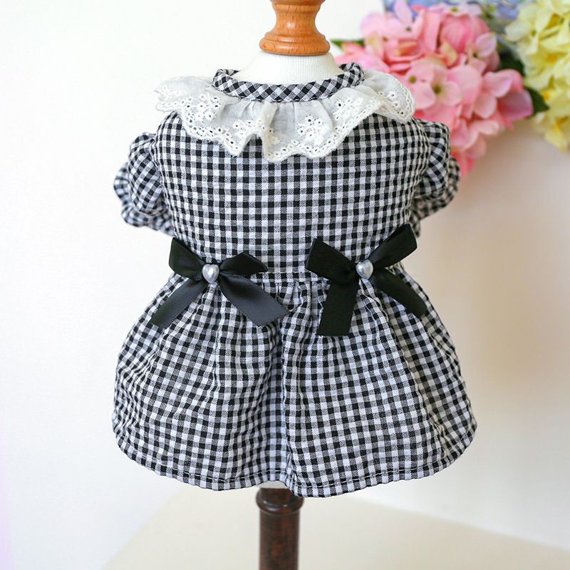 Pet Circle Dog Clothing Cat Clothes Bowknot Lace Collar Edge Black And White Plaid Princess Heart Pearl Dress_voghion.com