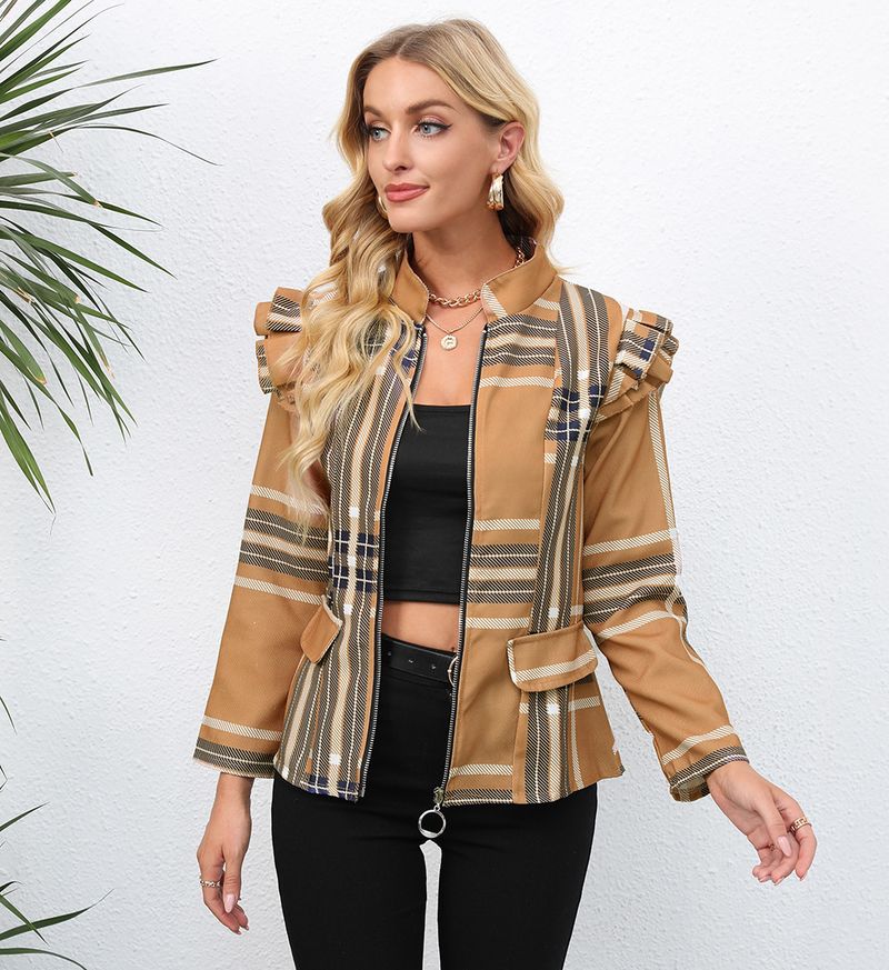 Giacca a maniche lunghe con scollo rotondo e cerniera stampata da donna, autunno e inverno_voghion.com