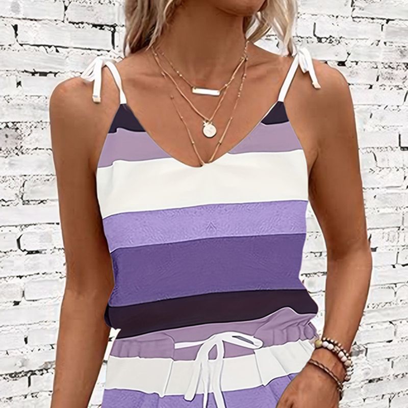 2025 Sommer Damen Hosenträger Kordelzug Lose Farbe Gestreiften Weste Kleid_voghion.com