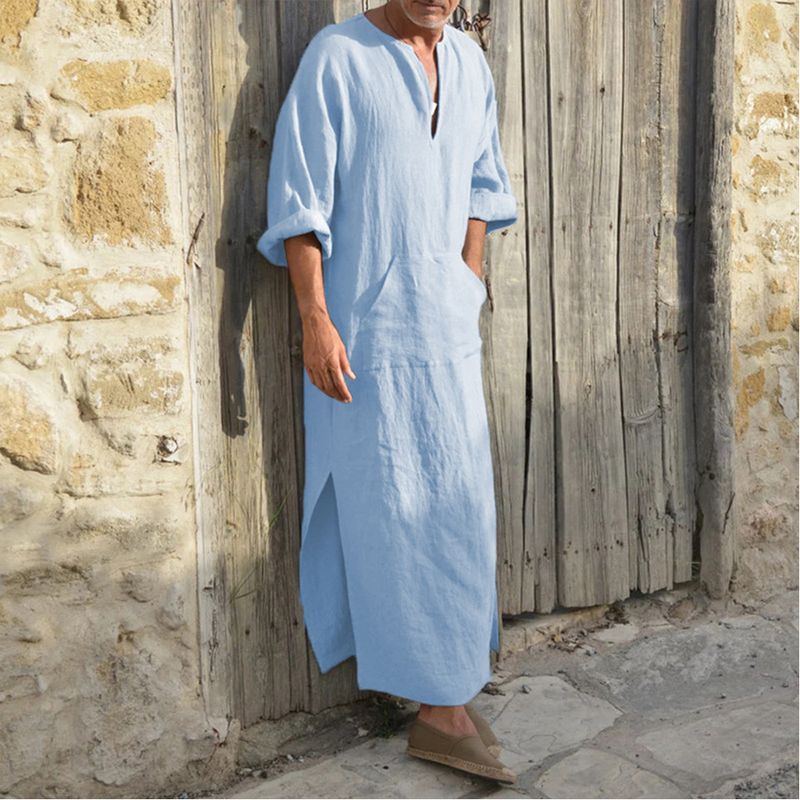 2025 hombres Jubba Thobe Kaftan árabe islámico con cuello en V manga larga sólido algodón Lino bata musulmana Arabia hombre Abaya_voghion.com