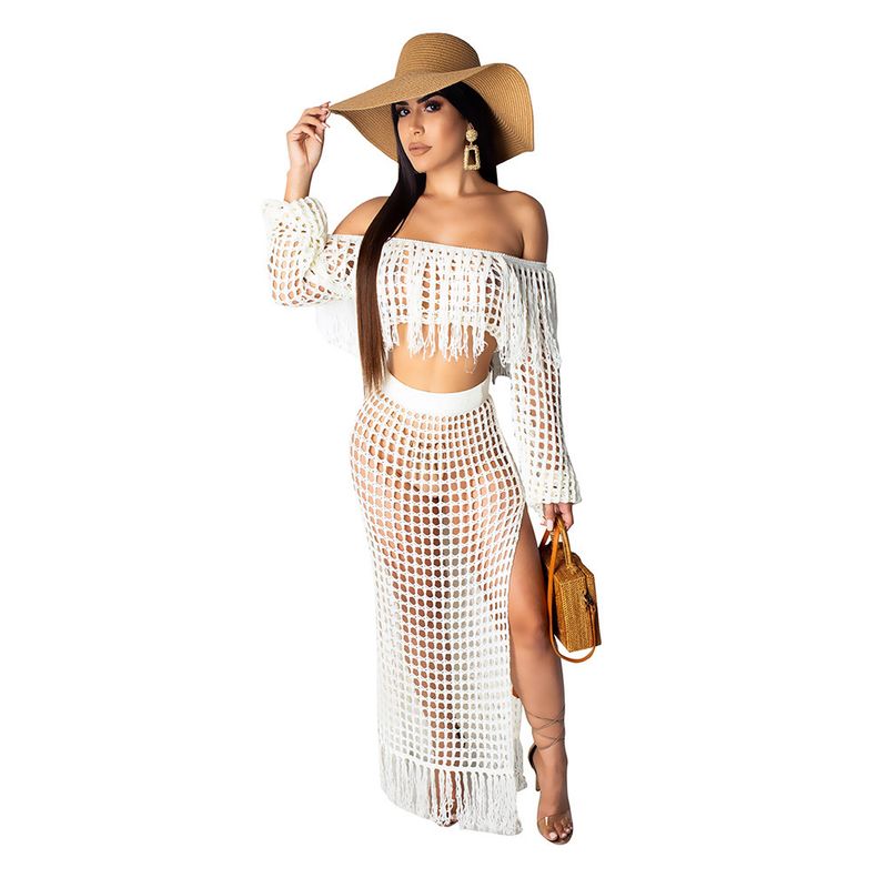 Conjunto de duas peças de saia de praia com borla de malha casual feminina_voghion.com