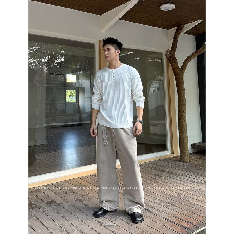 Henley-Kragen Langarm-Strickpullover Herren Leichte Business-Herbst-Winter-Oberbekleidung Gerippte Textur Trendy_voghion.com