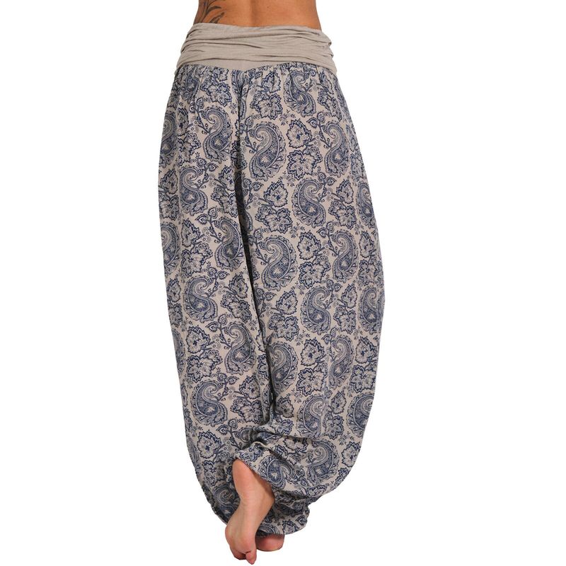 Roupas femininas Impressão digital Calças longas e largas Calças casuais Calças harém_voghion.com