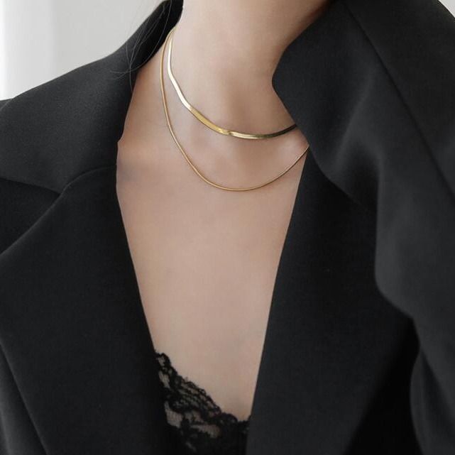 Collier court en acier inoxydable pour femme, chaîne de clavicule double couche en os de serpent, tendance et tendance, L163_voghion.com