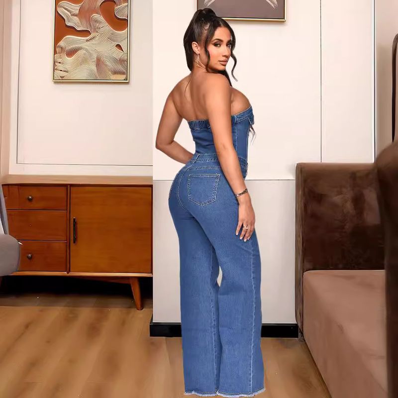 3542 Damen New Style Off-Shoulder Slim Fit Flared Jumpsuit Jeans_voghion.com