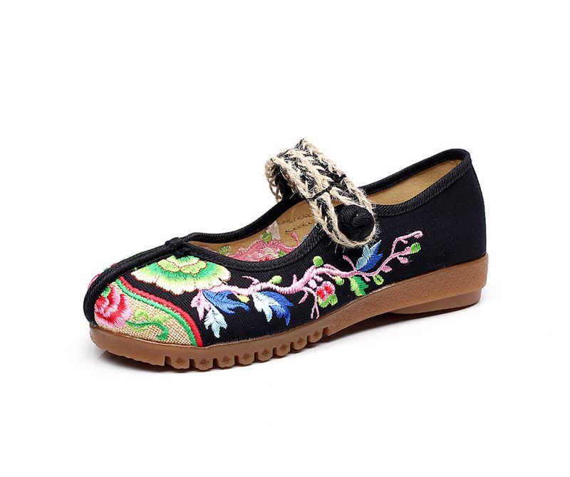Flaches besticktes Tuch mit Kuhsehnensohlen, Frühlings- und Herbst-Mutter-Slipper mit großen Zehen, einzeiliger Riemen, Damen-Single_voghion.com