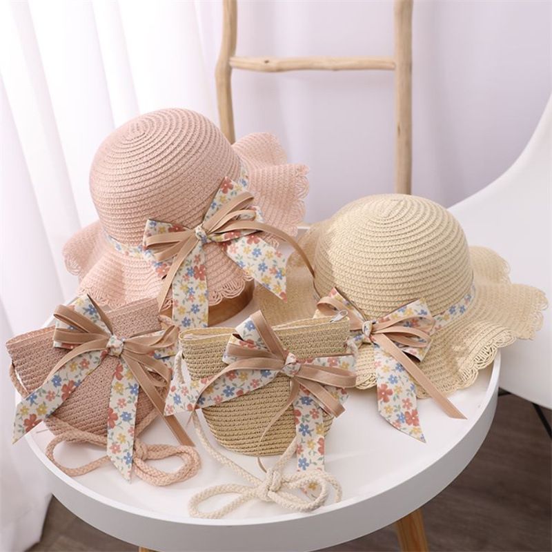 Cappelli di paglia da pescatore pieghevoli da spiaggia per bambini, protezione solare estiva da donna e set di borse_voghion.com