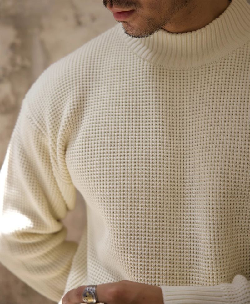 Maglione pesante da uomo a collo alto – Maglia spessa in puro cotone, vestibilità ampia, color cachi retrò (S-XL)_voghion.com