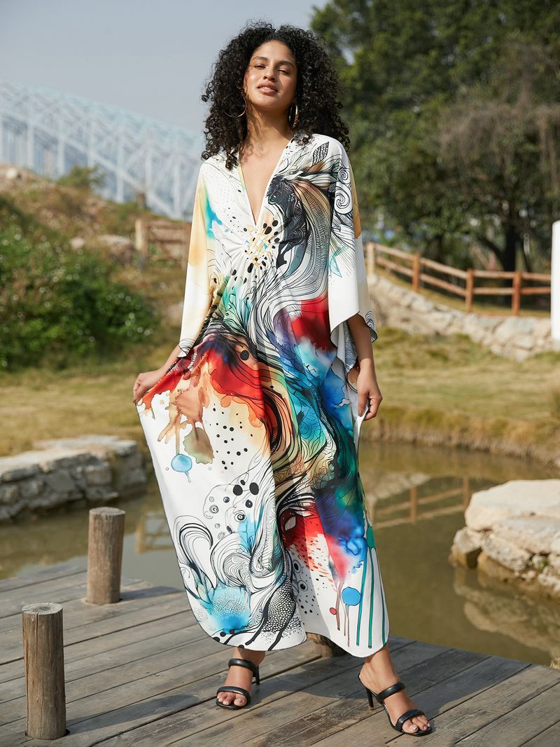 Beach Cover-Up Dress – Flowy Long Bikini Robe With Exotic Prints (Peacock/Abstract/Feather, One Size)_voghion.com
