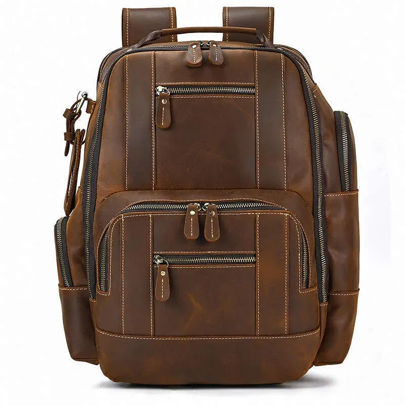 Men's Genuine Crazy Horse Leather Large Capacity Multi-Pocket Travel Backpack Cowhide School Bag_voghion.com