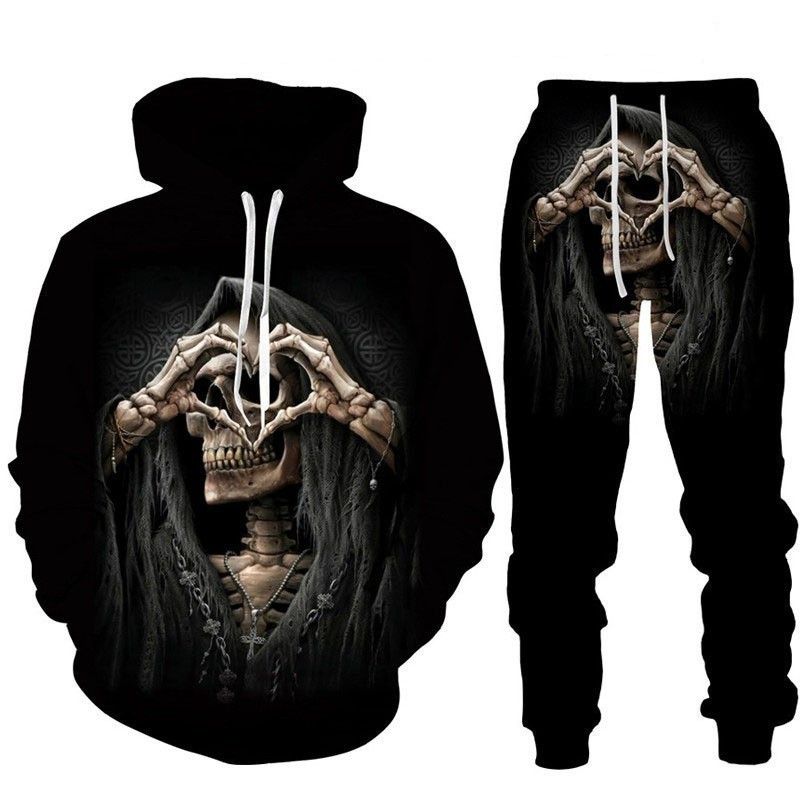 Nuovo set casual da uomo con felpa con cappuccio e pantaloni con stampa 3D digitale del teschio, felpa con cappuccio e pantaloni, set due pezzi per Halloween_voghion.com