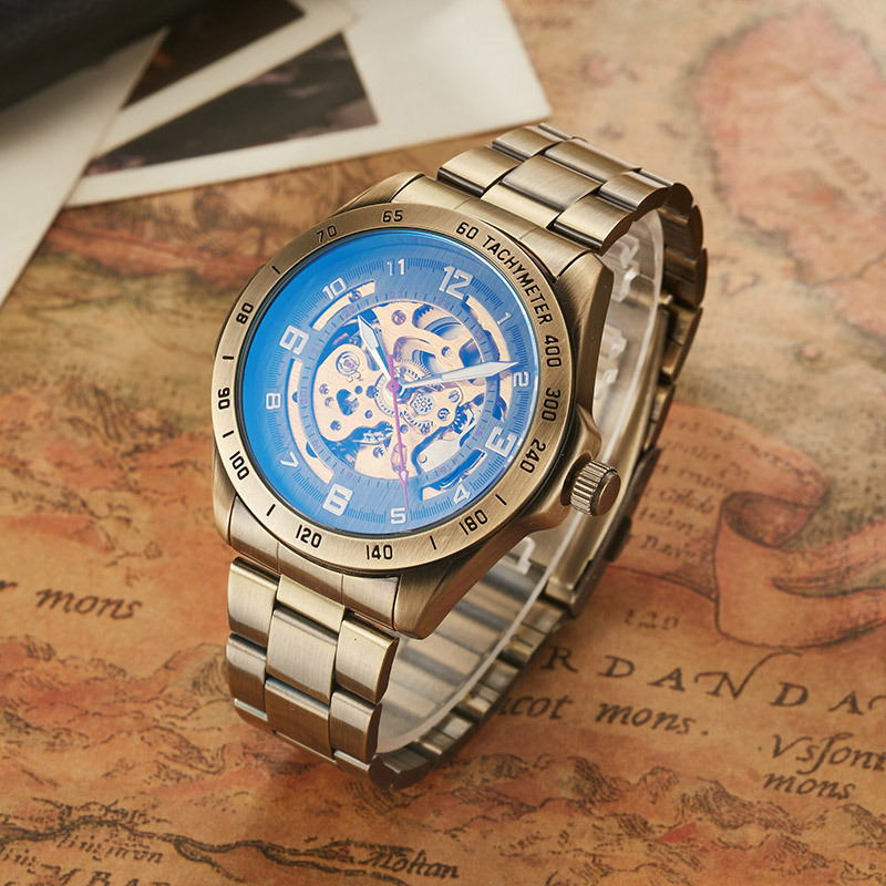 Men's Vintage Skeleton Automatic Mechanical Watch With Roman Numerals, Luminous Hands, And Leather Strap - Water Resistant, Bronze Case_voghion.com