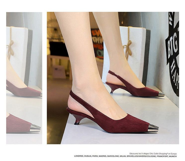 Metal Pointed Suede Women's Shoes Shallow Mouth Back Strap Low Heel Single Shoes Women's Wine Glass And Empty Shoes_voghion.com