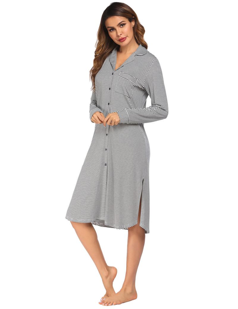 Roupas femininas, pijamas, camisa cardigan, pijamas de manga comprida listrados com botões estampados, pijamas para casa, femininos_voghion.com