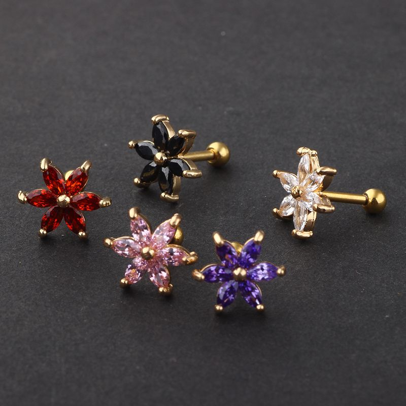 Stainless steel titanium steel metal thread set zircon six petals small ear nail ear bone nail jewelry piercing jewelry_voghion.com