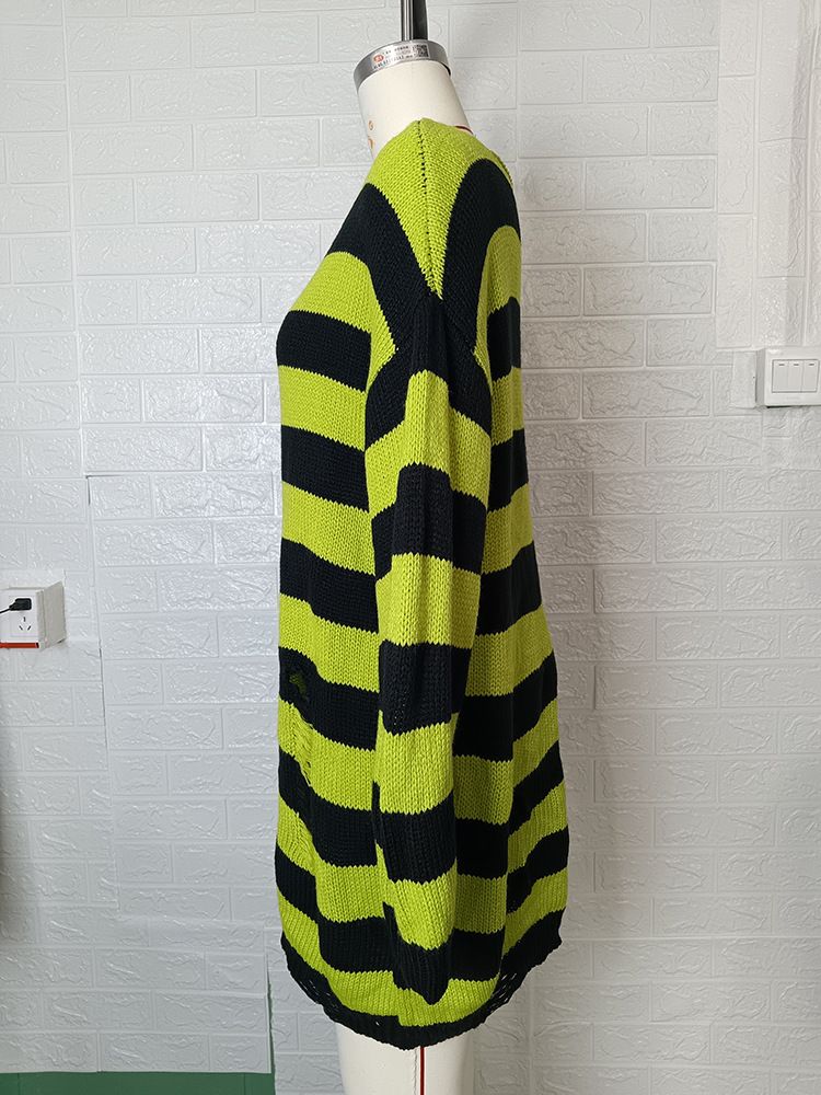 Halloween Punk Hole Long For Women's Fashion Loose Striped Contrasting Pullover Sweater_voghion.com