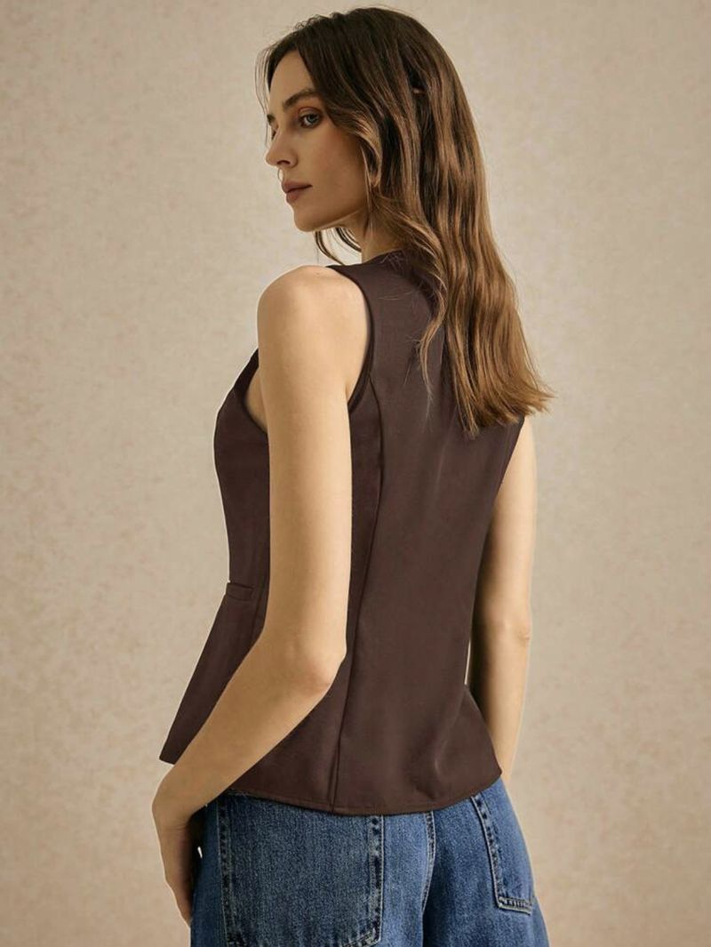 Chaleco informal de cuello redondo para mujer, de verano, sencillo, a la moda, con botones, color liso_voghion.com