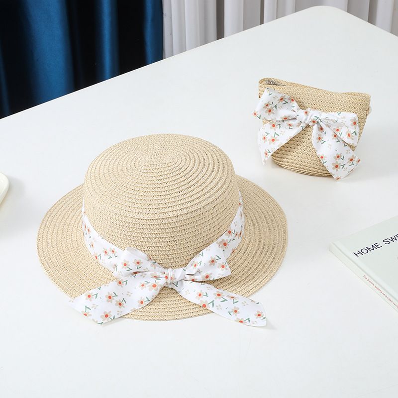 Cappello da pescatore con fiocco in paglia, protezione solare estiva per genitori e figli, con parasole piatto per bambini, set di borse, alla moda_voghion.com