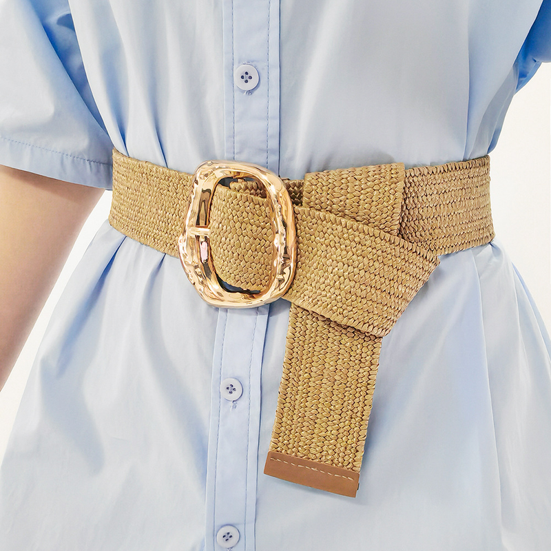 New Fashion Gold Elastic Dress with Wide Waist Belt and Versatile Decoration, Geometric Exaggeration of Waistband_voghion.com