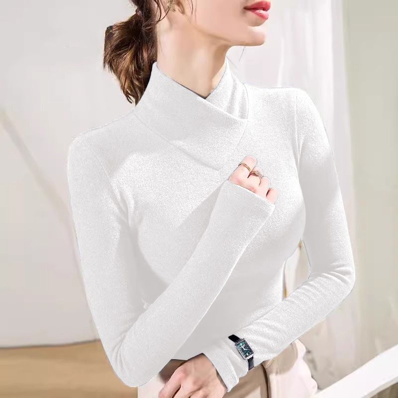 Strukturierter, gerippter Langarm-Rollkragenpullover – Slim Fit Thermo-T-Shirt für Damen Halbhoher Kragen, T-Shirt für Unter- und Oberbekleidung_voghion.com