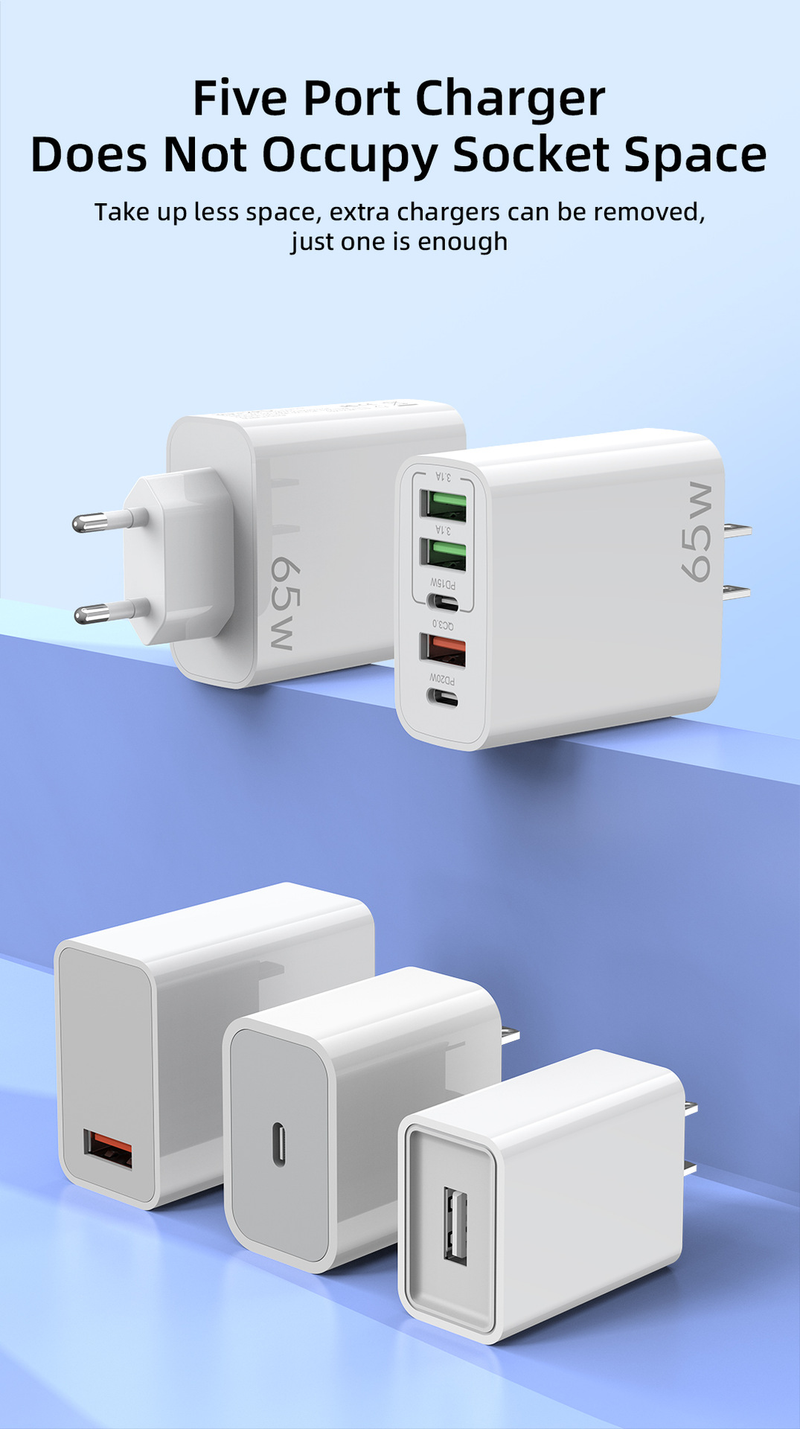 European multi mobile phone charger with dual circuit fast charging head 3USB+2C port, American standard five port_voghion.com