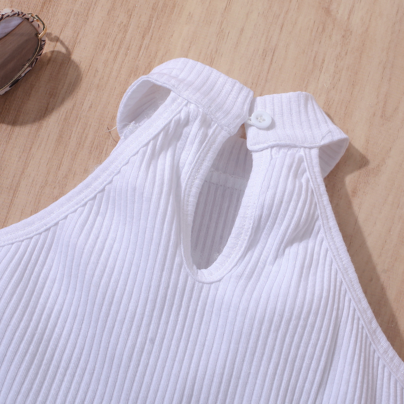 Vêtements d'été pour bébés filles et enfants, pull sans manches, sans bretelles, short en denim déchiré de couleur unie, ensemble deux pièces_voghion.com