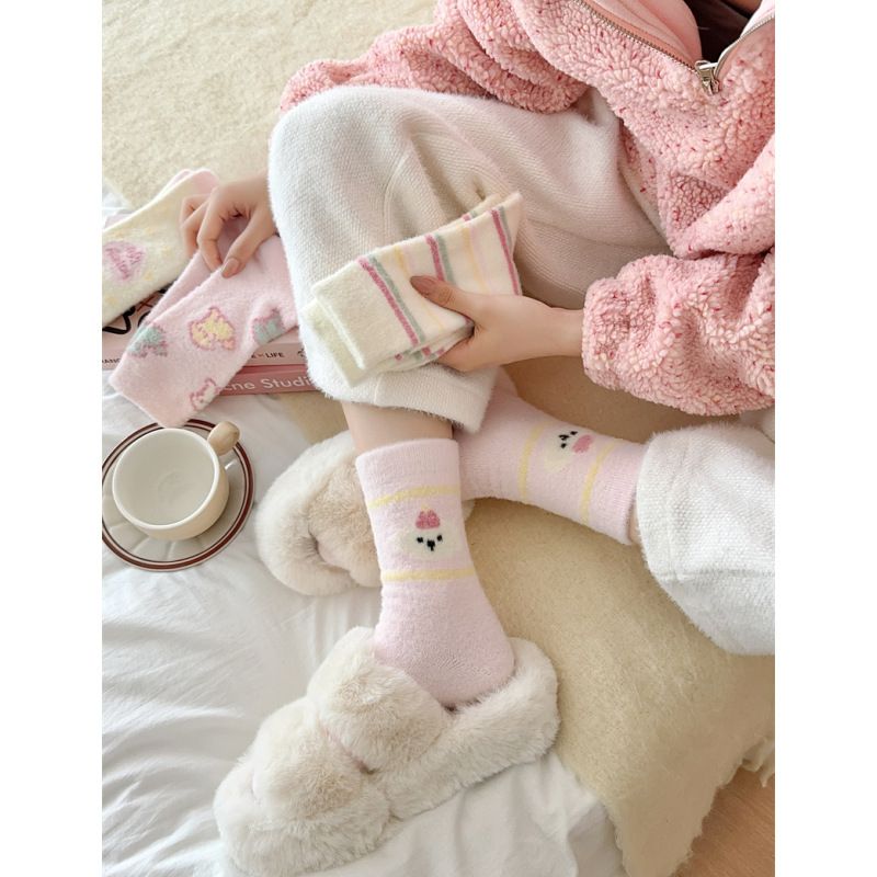 Calcetines de polar para mujer con rayas de dibujos animados, suaves y cálidos, de media pantorrilla, para invierno, primavera y otoño, cómodos, de mezcla de algodón._voghion.com