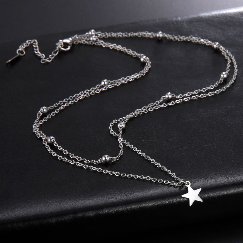 Hot Sales KKjoy Star Pendant Necklace for Women Sier Color Stainless Steel Beads Double Chain Collars Minimalist Jewelry_voghion.com