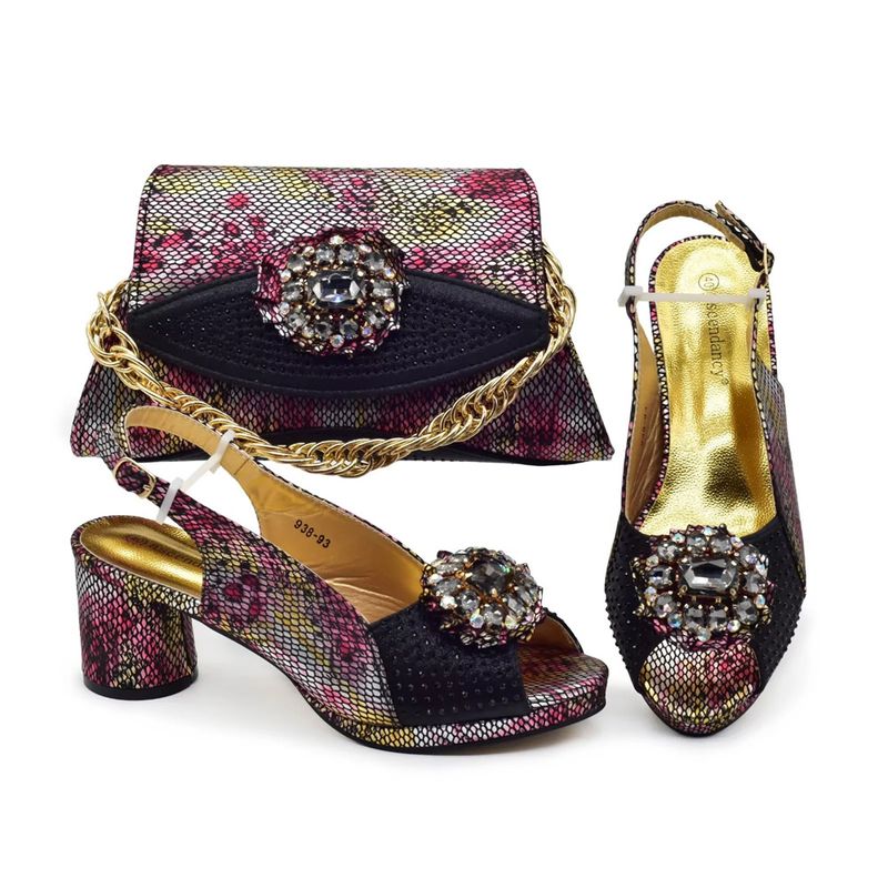 The party match high heeled diamond round toed fish mouth back slip buckle sandals with diamond handbag set is fashionable and versatile_voghion.com