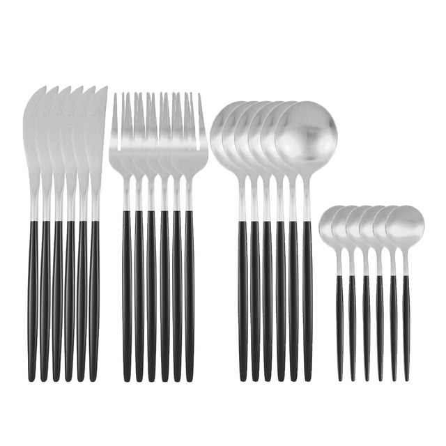 24-teiliges Edelstahl-Geschirr-Set, Schwarzgold, Besteck, Löffel, Gabel, Messer, westliches Besteck, Besteck, Geschirrzubehör_voghion.com
