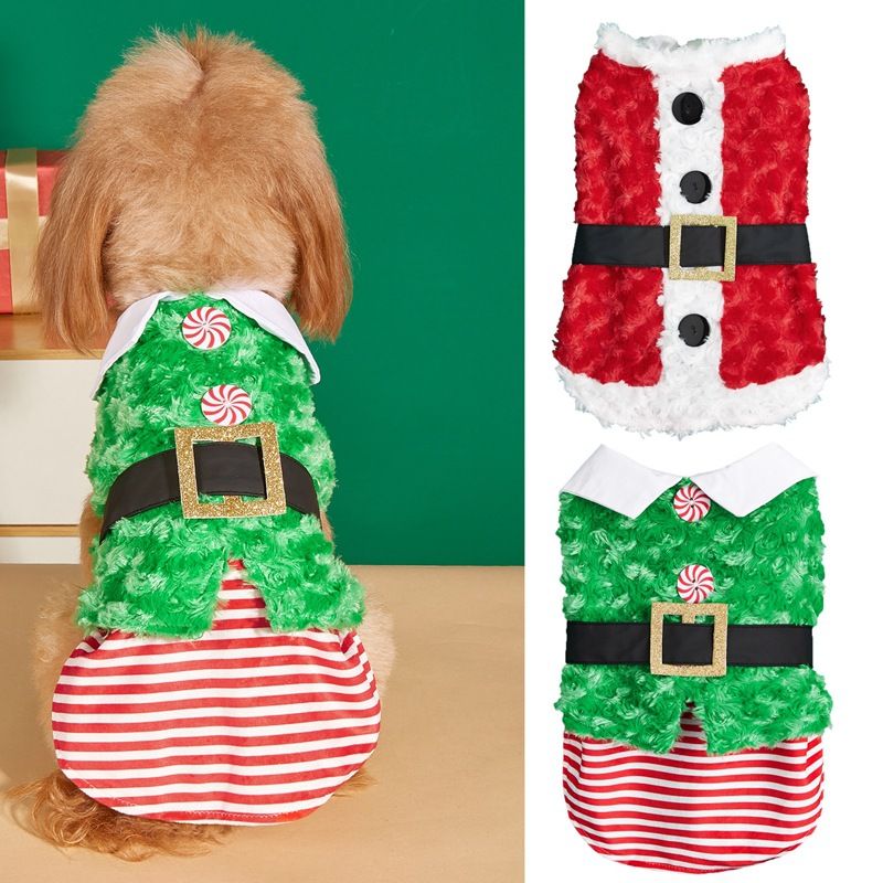 Christmas belt button horizontal slim-fit beautiful red green Christmas teddy Bichon dog fleece coat_voghion.com