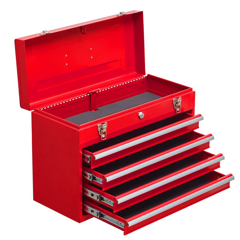 Metal Tool Box With 4 Drawers Portable Steel Tool Chest With Metal Cylinder Lock And Latch Closure, Liner, Red Powder Coating, Suitable For Garage, Warehouse And Outdoor Repair Job-Red_voghion.com