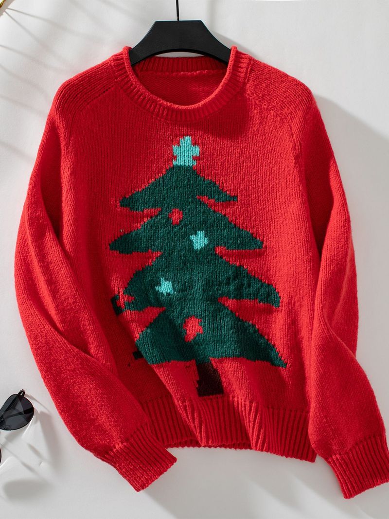 Pull en tricot ample à col rond pour femme, motif sapin de Noël, automne et hiver_voghion.com