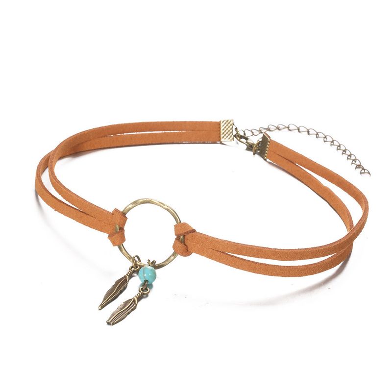 Nuova collana girocollo in bronzo antico con ciondolo a forma di foglia, in pelle, con catena circolare geometrica per clavicola_voghion.com