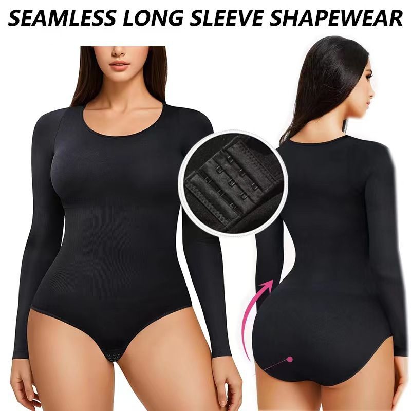 Dahili Destek ve Ayarlanabilir Askılara Sahip Dikişsiz Uzun Kollu Şekillendirici Bodysuit - Kadınlar İçin Tam Kapsama Sağlayan Karın Kontrolü ve Kaldırma_voghion.com