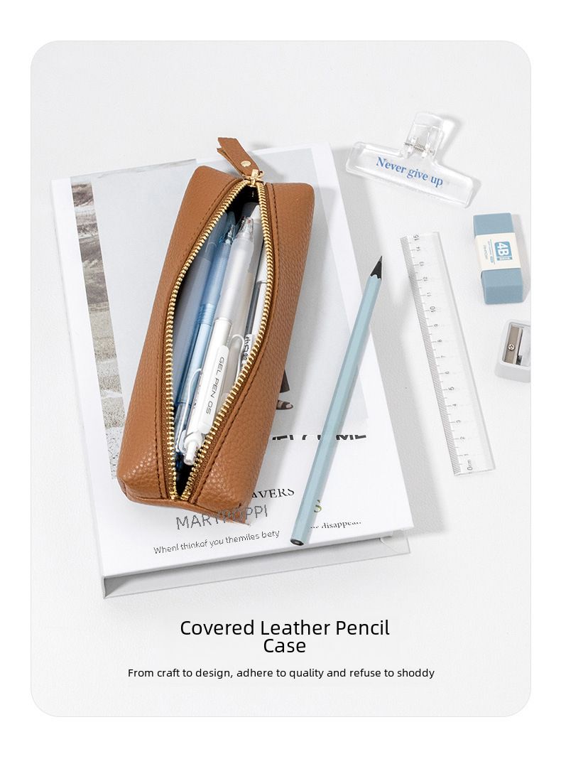 Estojo de couro simples para lápis, bolsa para armazenamento de canetas de escritório, caneta de assinatura, bolsa portátil com zíper à prova de vazamentos para artigos de papelaria_voghion.com
