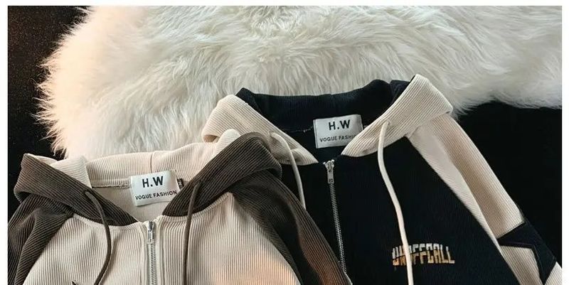 Felpa con cappuccio e cerniera in velluto a coste con cuciture a stella, stile retrò Y2K, unisex, casual, per uomo e donna_voghion.com