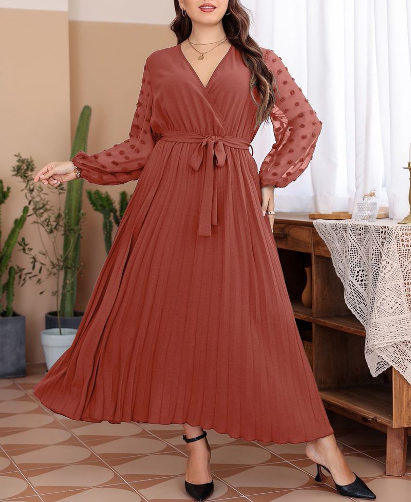 Elegant Mesh Panel Maxi Dress For Women V-Neck Long Sleeve Plus Size Dress (0XL-4XL) | Breathable Polyester A-Line Dress For Work & Evening_voghion.com