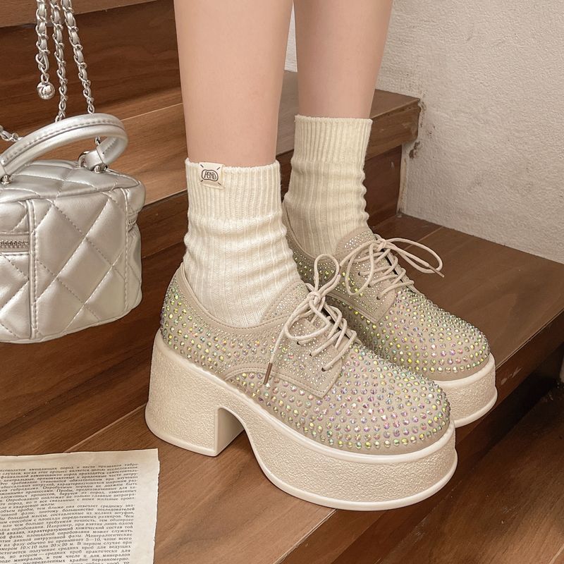Elegant Rhinestone Platform Sneakers For Women – Comfortable Low-Top Hidden Wedge Shoes With Sparkling Crystals, Round Toe & Breathable PU Upper_voghion.com