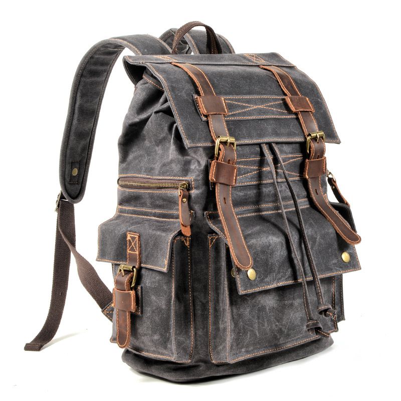 LazyZoom Wasserdichter Rucksack aus Ölwachs-Canvas für Damen und Herren, Reise-Laptoptasche, lässige Wandertasche aus echtem Leder für den Außenbereich_voghion.com