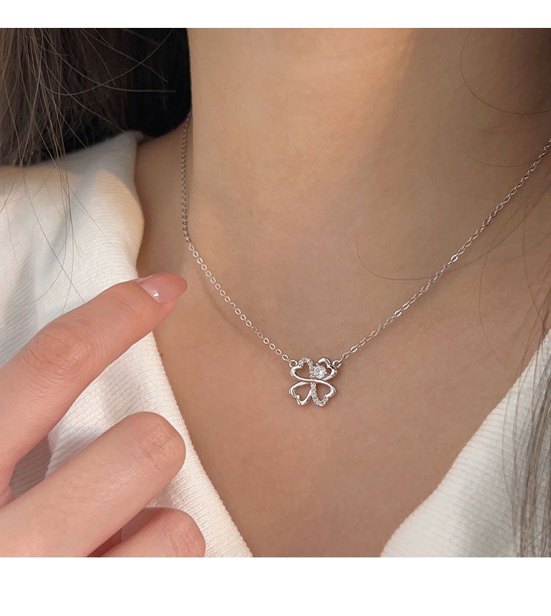 collana in argento sterling con quadrifoglio intarsiato per donna nuova moda estiva leggera lusso catena clavicola portafortuna quadrifoglio_voghion.com