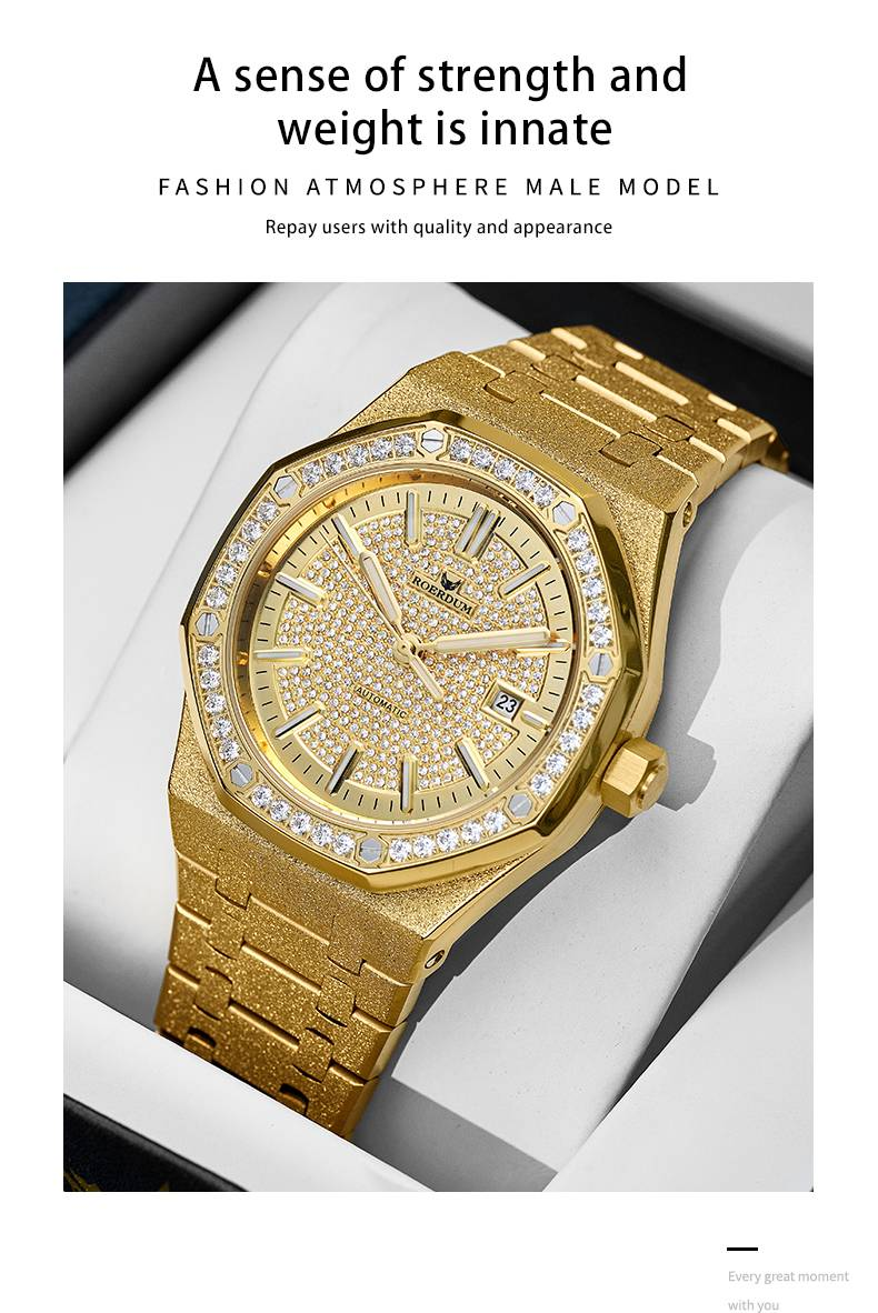 ROERDUM Golden Pixel Collection – Modische, leichte, luxuriöse mechanische Herrenuhr mit goldenem Zifferblatt_voghion.com