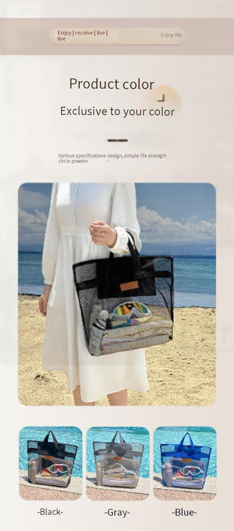 Netz-Strandtasche – große, faltbare Tragetasche mit Netztasche für Reisen und Schwimmen (Unisex, leicht, wasserabweisend)_voghion.com