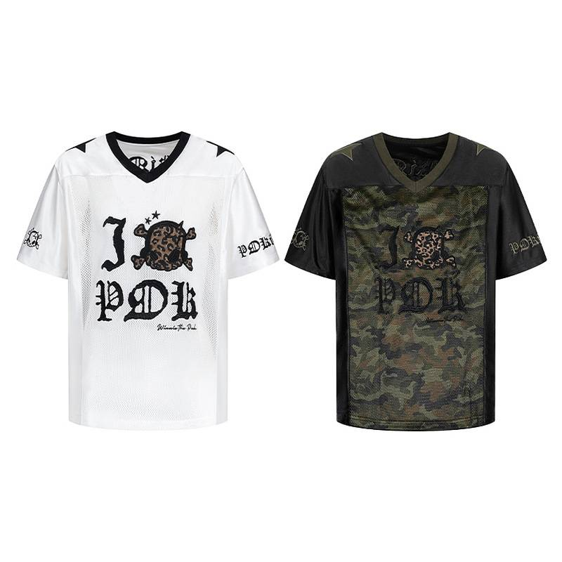 Men's Clothing Retro V Neck Leopard Skull Contrast Color Retro V-Neck Leopard Print Skull Contrast Mesh Short Sleeve T-Shirt Loose Breathable Top_voghion.com