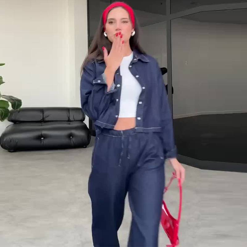 Women's Solid Color Lapel Top & Drawstring Jeans Two-Piece Set - Casual Autumn Outfit For Everyday Wear_voghion.com