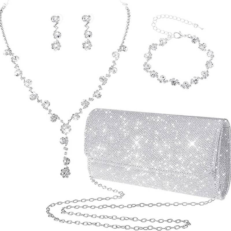 Set di gioielli da donna - Elegante collana floreale in argento, orecchini e bracciale per matrimoni, feste serali, occasioni speciali, set di gioielli con borsa da sera_voghion.com