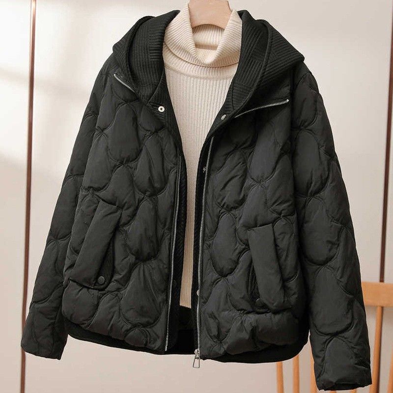 Women's Short Puffer Jacket With Knit Panel Design, Premium White Duck Down Hooded Coat For Winter (Beige, Khaki, Black)_voghion.com