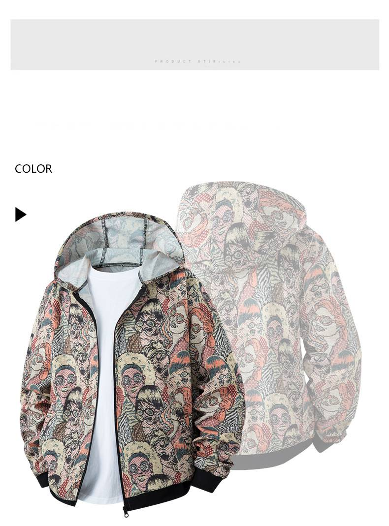 Giacca con cappuccio versatile con stampa retrò e revers in jacquard da uomo - Tessuto elasticizzato in quattro direzioni, vestibilità ampia, abbigliamento casual da strada per primavera e autunno_voghion.com