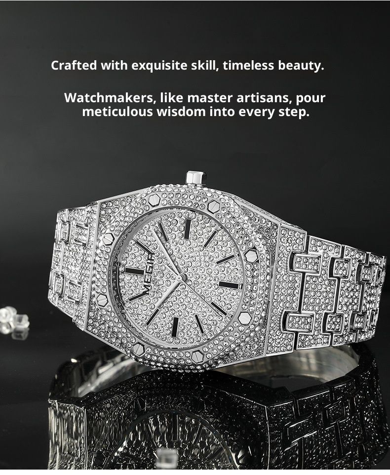 Reloj MEGIR para hombre estilo hip hop con bisel de diamantes, correa de acero inoxidable, resistente al agua, indicador de fecha, movimiento de cuarzo - Plata/Oro_voghion.com